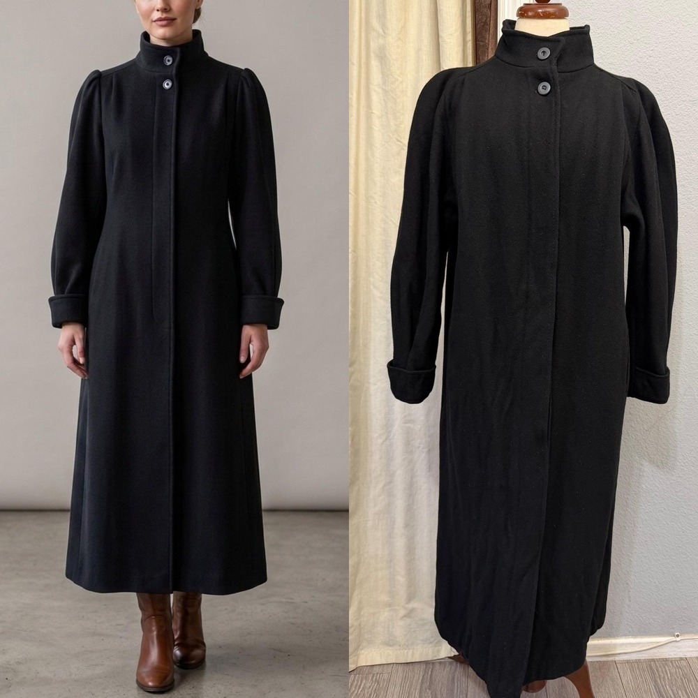 Ashley Scott Vintage 1980s Black Wool Maxi Coat L Funnel Neck Puff Shoulder
